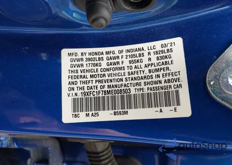 2021 Honda Civic Ex-L from USA, damaged, VIN 19XFC1F78ME008503